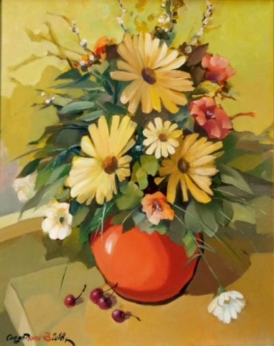 Картина «Ромашки в кувшине» - автор Владимир Солдаткин, живопись, масло, оргалит, 50×40 см, 2018 год.   