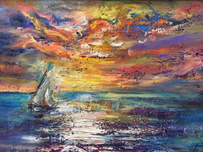 Картина «Закат на море» - автор Баженова Наталья, живопись, холст, масло, 21×30 см, 2019 год.