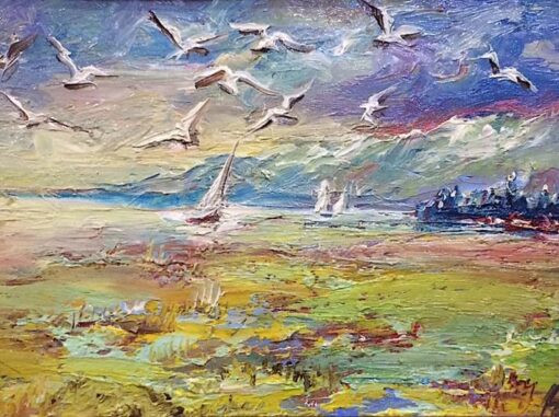 Картина «Чайки над морем» - автор Баженова Наталья, живопись, холст, масло, 15×23 см, 2019 год.