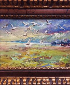 Картина «Чайки над морем» - автор Баженова Наталья, живопись, холст, масло, 15×23 см, 2019 год. Багет
