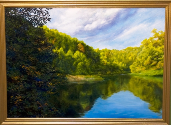 Картина «Утро на реке» - автор художник Сергей Елизаров, живопись, холст, масло, 50×70 см, 2017 год. В багетной раме