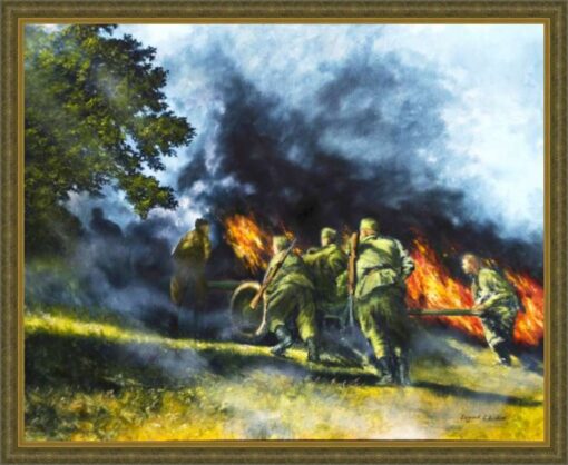 Картина «Дорогами войны» - автор художник Сергей Елизаров, живопись, двп, масло, размер - 40×50 см, 2019 год. Вид в багетной раме.