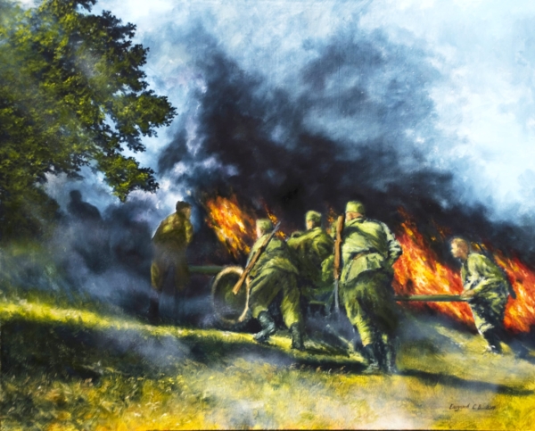 Картина «Дорогами войны» - автор художник Сергей Елизаров, живопись, двп, масло, размер - 40×50 см, 2019 год.