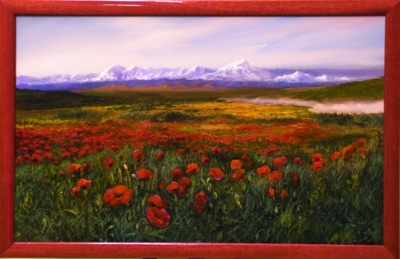 Картина «Маки» - автор художник Сергей Елизаров, живопись, двп, масло, 34×54 см, 2019 год. Вид в багетной раме